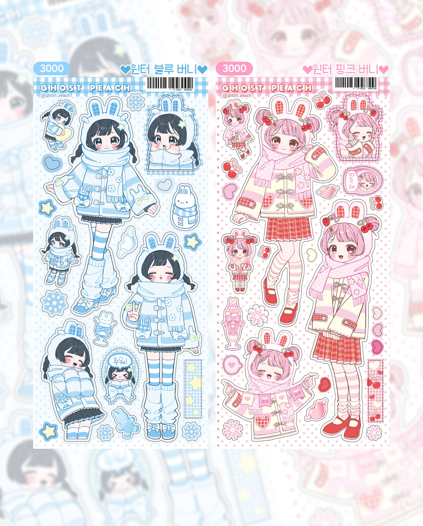 [GP34] NEW Ghost Peach 'Winter Blue/Pink Bunny' Sticker Sheet (options)