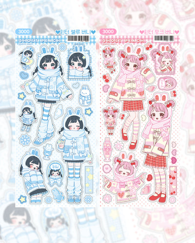 [GP34] NEW Ghost Peach 'Winter Blue/Pink Bunny' Sticker Sheet (options)