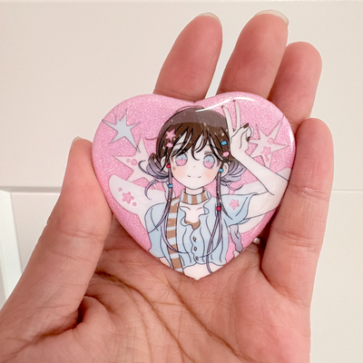 [CM43] NEW Childhood Memories Heart Glitter Pin Button Pink