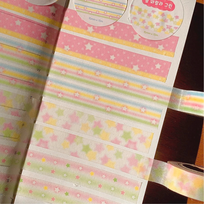 [PK28] Pinkrue Green & Pink Star Masking Tape 15mm x 10m (Set/Single)