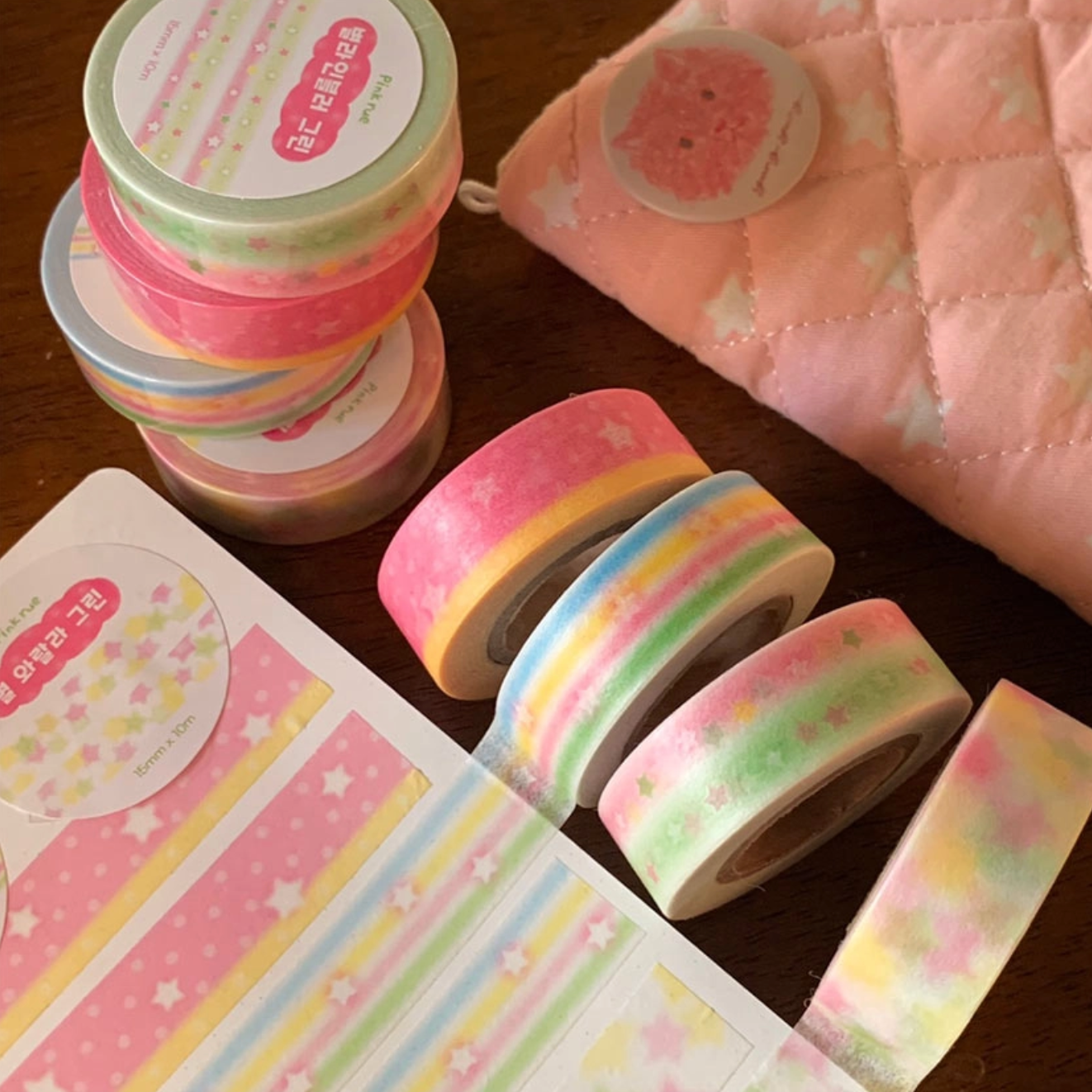 [PK28] Pinkrue Green & Pink Star Masking Tape 15mm x 10m (Set/Single)