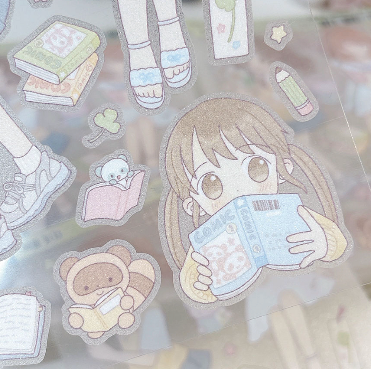 [RY24] NEW Rayeon Fancy 'Let's Read a Book' Sand Glitter Clear Sticker Sheet