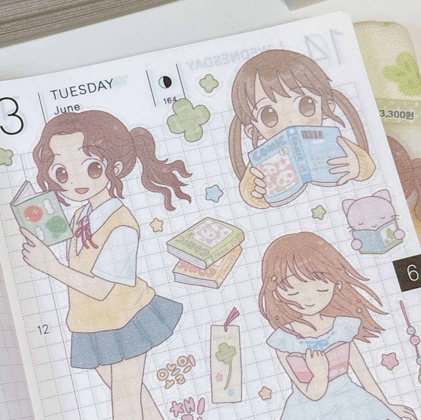 [RY24] NEW Rayeon Fancy 'Let's Read a Book' Sand Glitter Clear Sticker Sheet