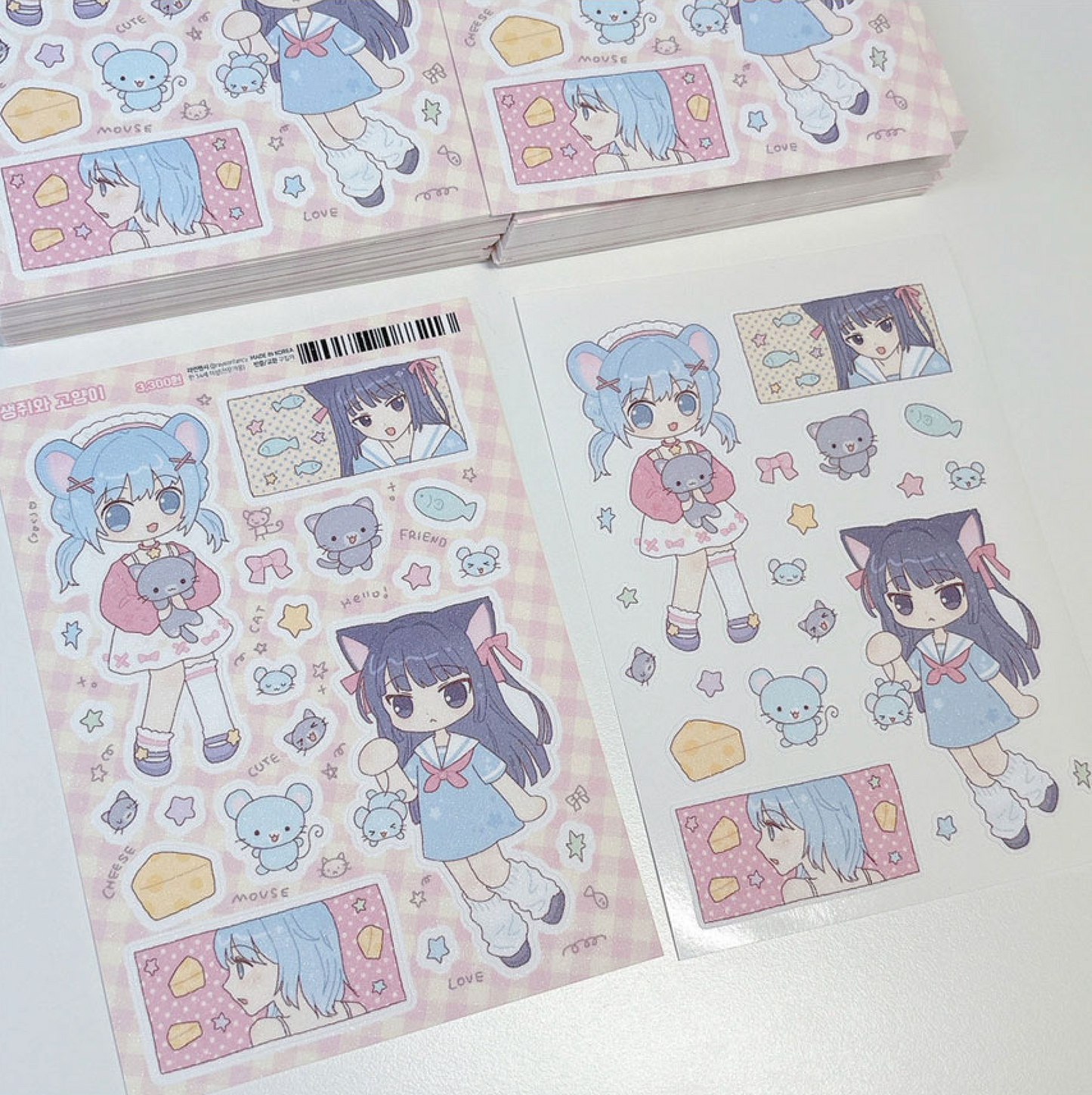 [RY20] NEW Rayeon Fancy 'Mouse and Cat' Sand Glitter Clear Sticker Sheet