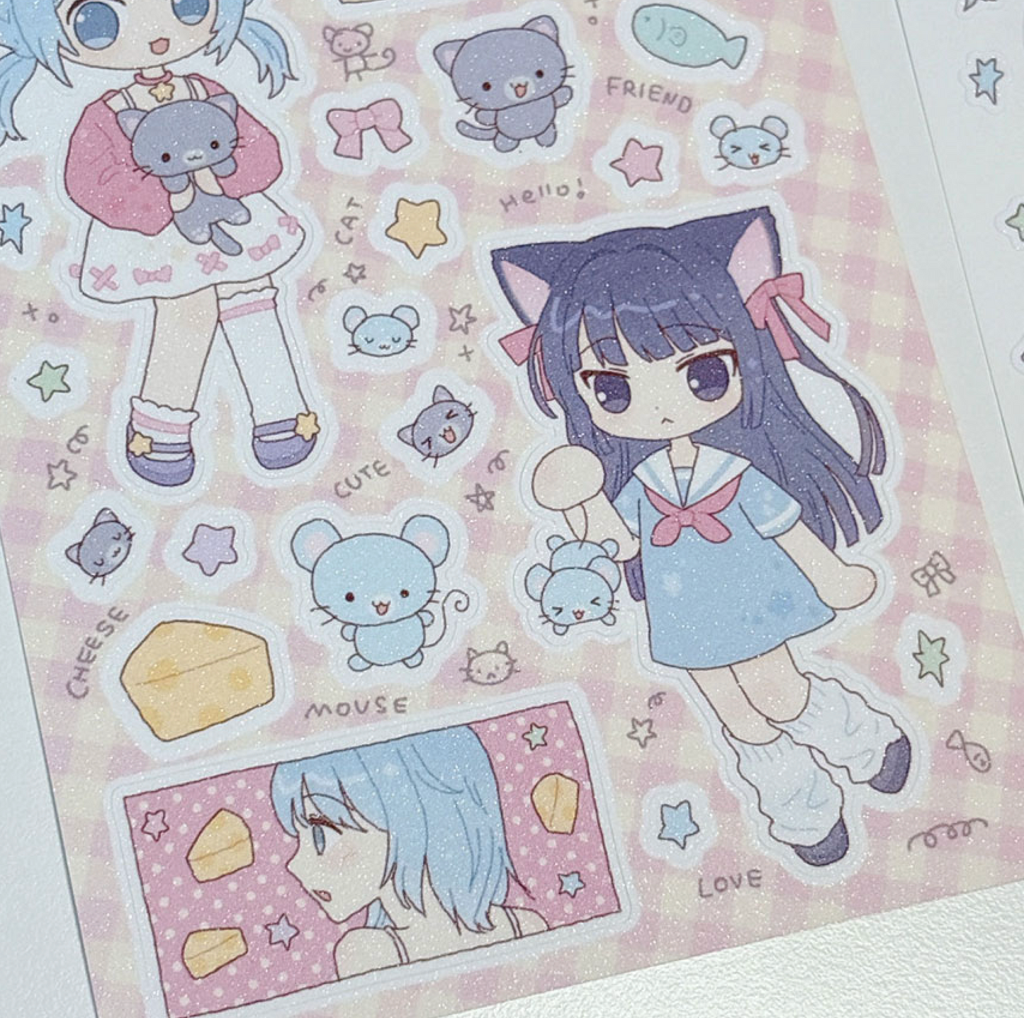 [RY20] NEW Rayeon Fancy 'Mouse and Cat' Sand Glitter Clear Sticker Sheet
