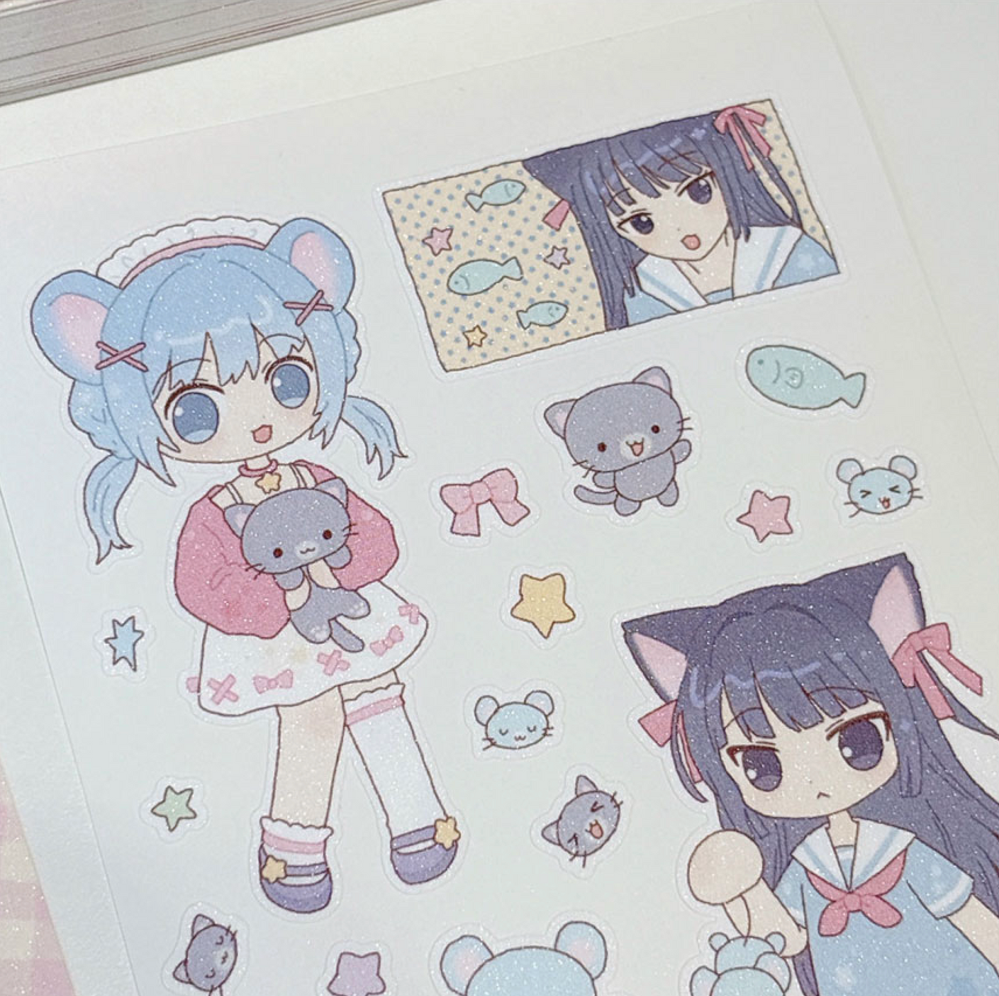 [RY20] NEW Rayeon Fancy 'Mouse and Cat' Sand Glitter Clear Sticker Sheet