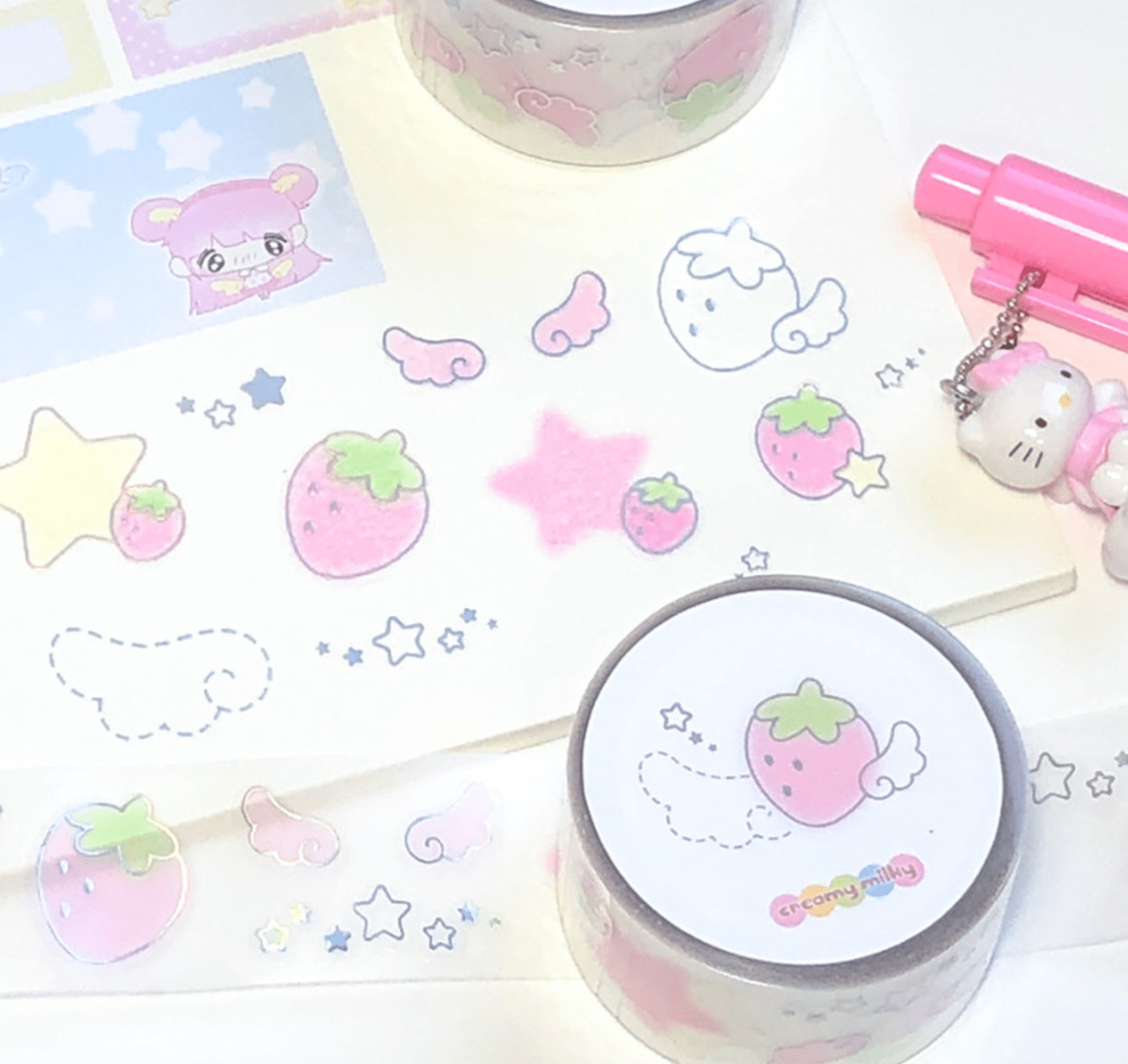 [CR10] NEW Creamy Milky 'Strawberry Angel Matte Silver Foil' Kisscut Masking Tape - Creamy Milky__korean_sticker_stationery