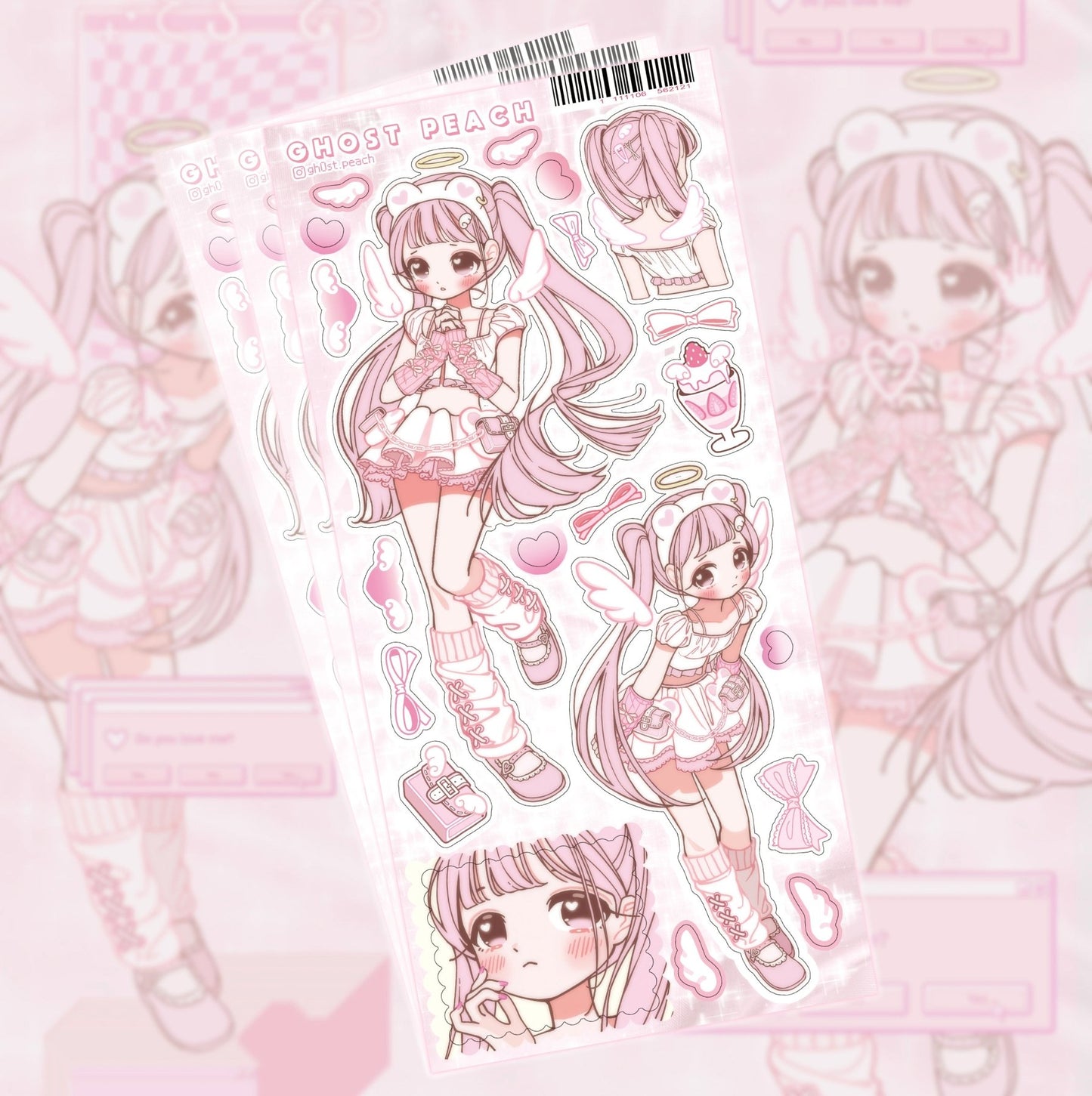 [GP12] NEW RESTOCK Ghost Peach 'Pink Bear Angel' Sticker Sheet - Ghost Peach__korean_sticker_stationery