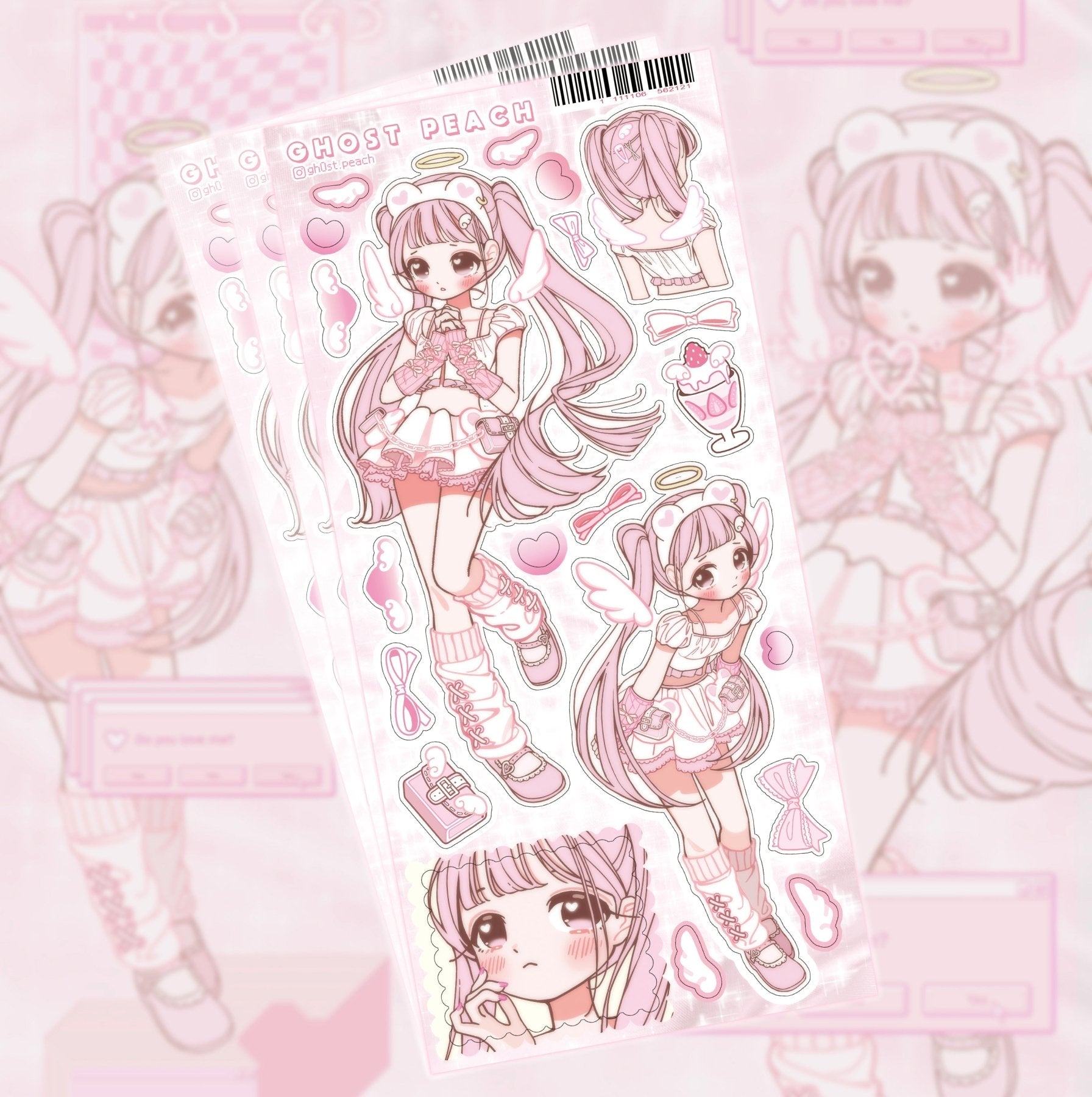[GP12] NEW RESTOCK Ghost Peach 'Pink Bear Angel' Sticker Sheet - Ghost Peach__korean_sticker_stationery