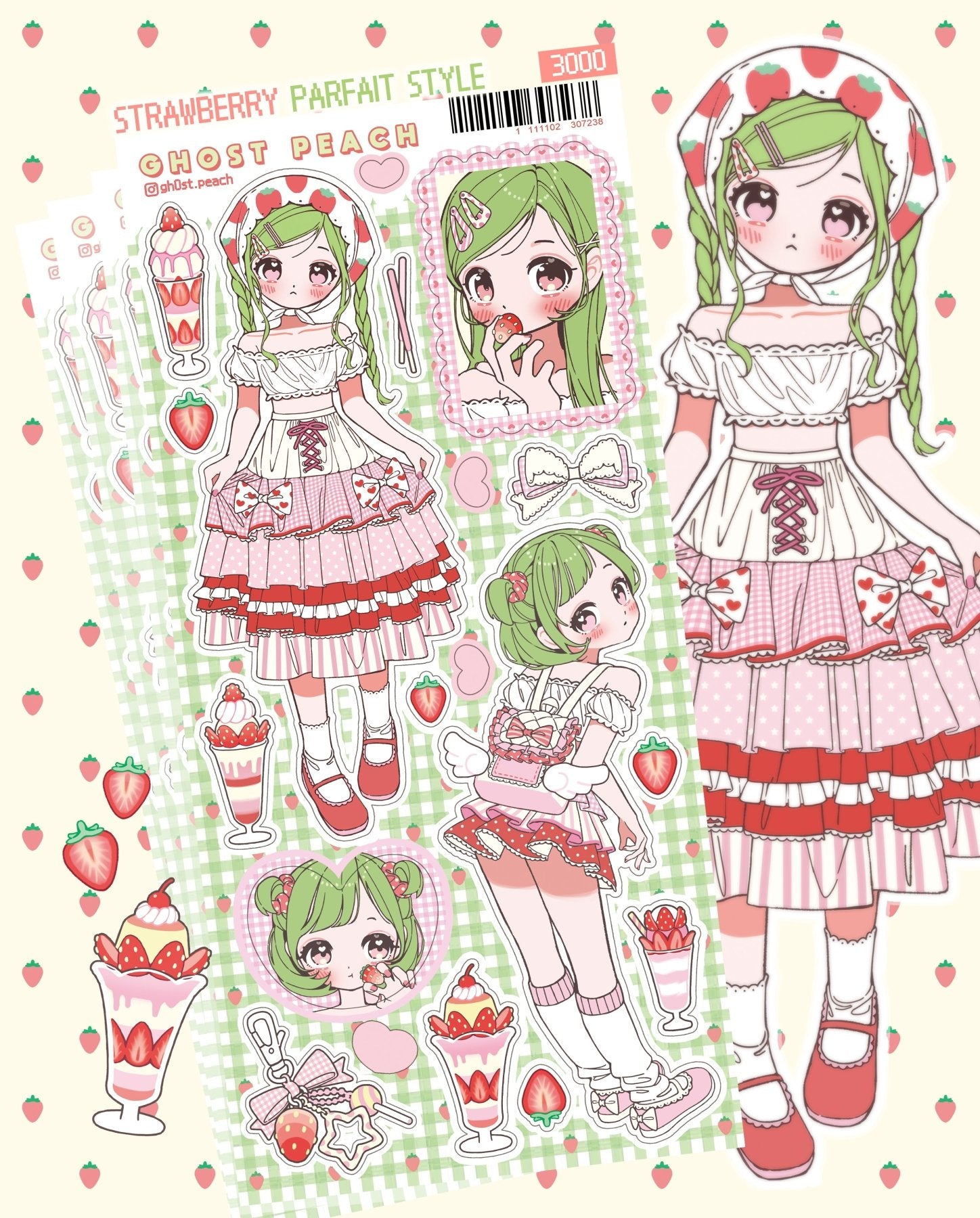 [GP17] NEW RESTOCK Ghost Peach 'Strawberry Parfait Style' Sticker Sheet - Ghost Peach__korean_sticker_stationery