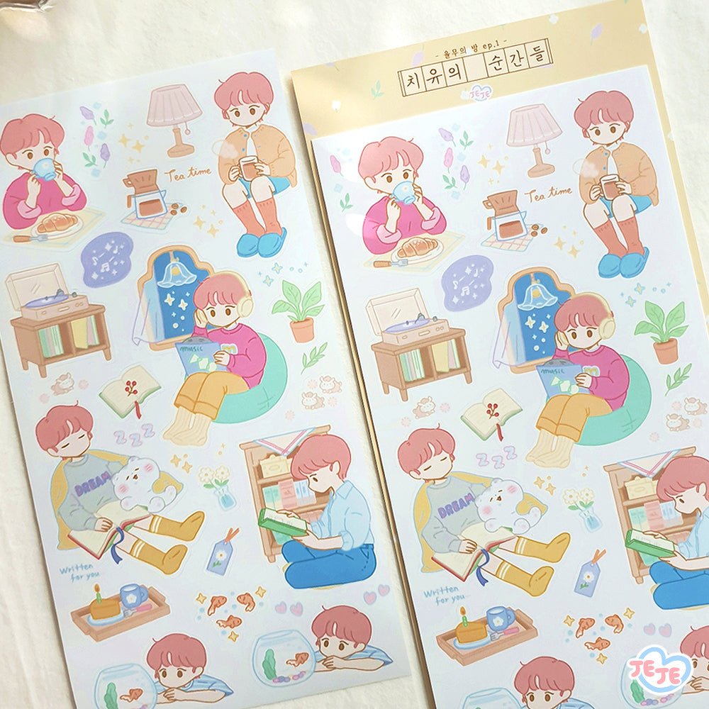 [JJ06] Jeje 'YoolMu's Room' Sticker Sheet (options) - Jeje_JJ06S2 - Healing Moments (Yellow)_korean_sticker_stationery