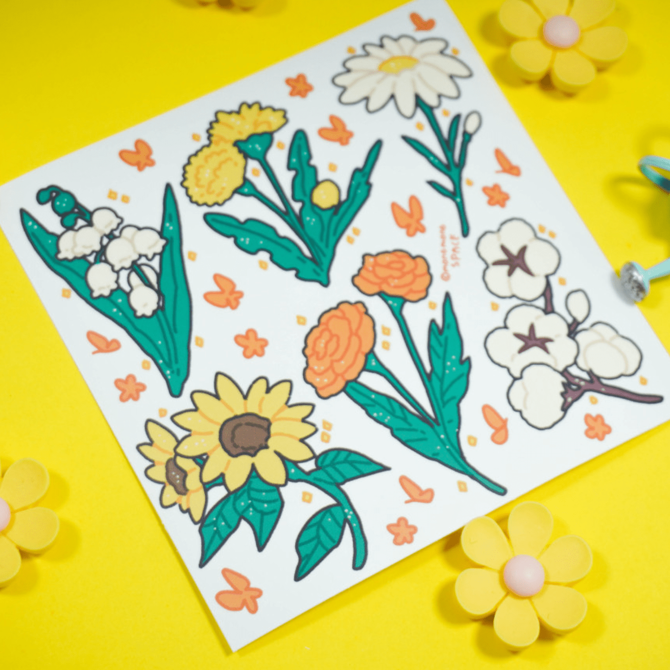 [MO22] Mong Mong Space Yellow Flowers Self - cut Sticker Pack - Mong Mong Space__korean_sticker_stationery