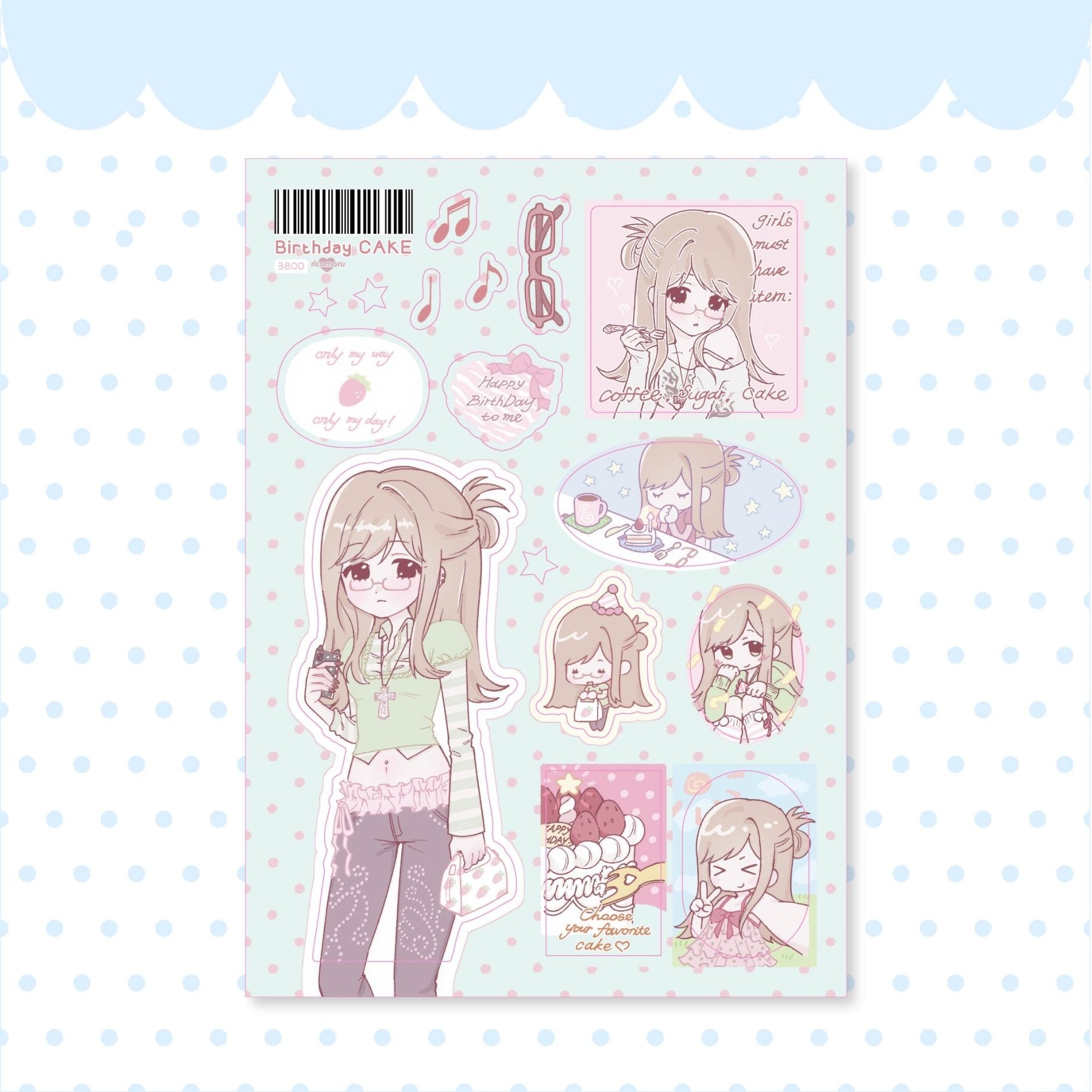 [RC11] NEW Rico Maru 'Birthday Cake' Sticker Sheet -Rico Maru__korean_sticker_stationery