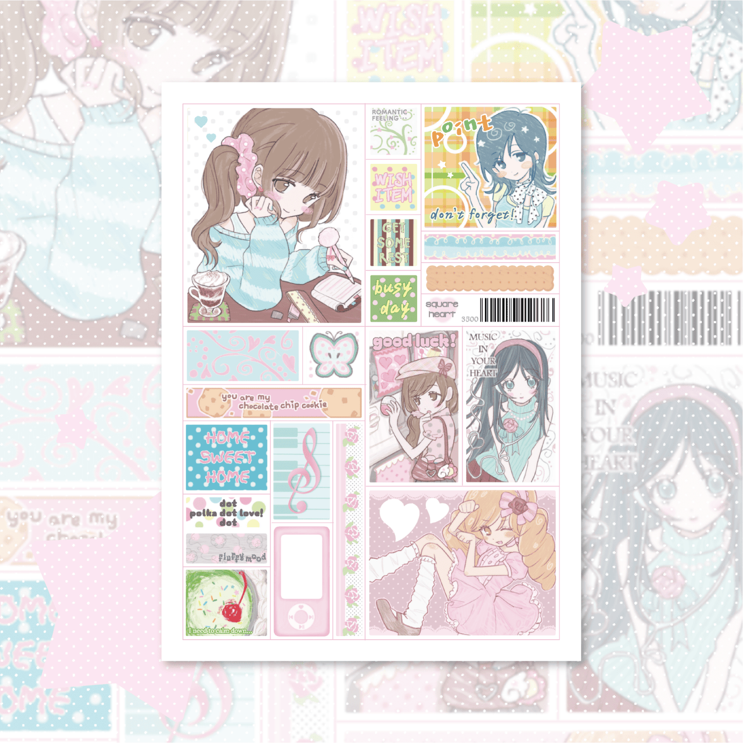 [RC18] NEW Rico Maru 'Square Heart' Sticker Sheet -Rico Maru__korean_sticker_stationery