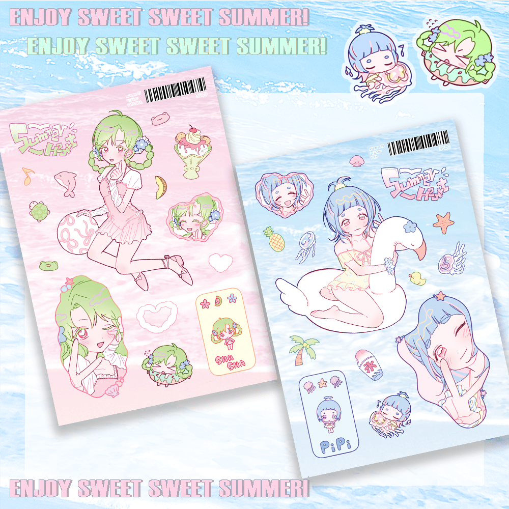 [RC28] NEW Rico Maru 'Summer Heart Pink/Blue' Sticker Sheet (options) -Rico Maru_RC28S1 - Pink (Shasha)_korean_sticker_stationery
