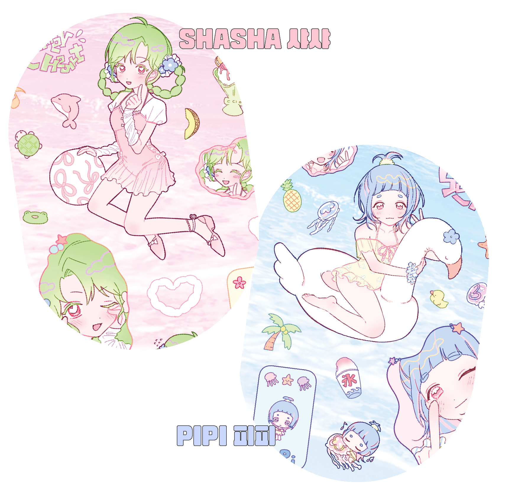[RC28] NEW Rico Maru 'Summer Heart Pink/Blue' Sticker Sheet (options) -Rico Maru_RC28S1 - Pink (Shasha)_korean_sticker_stationery