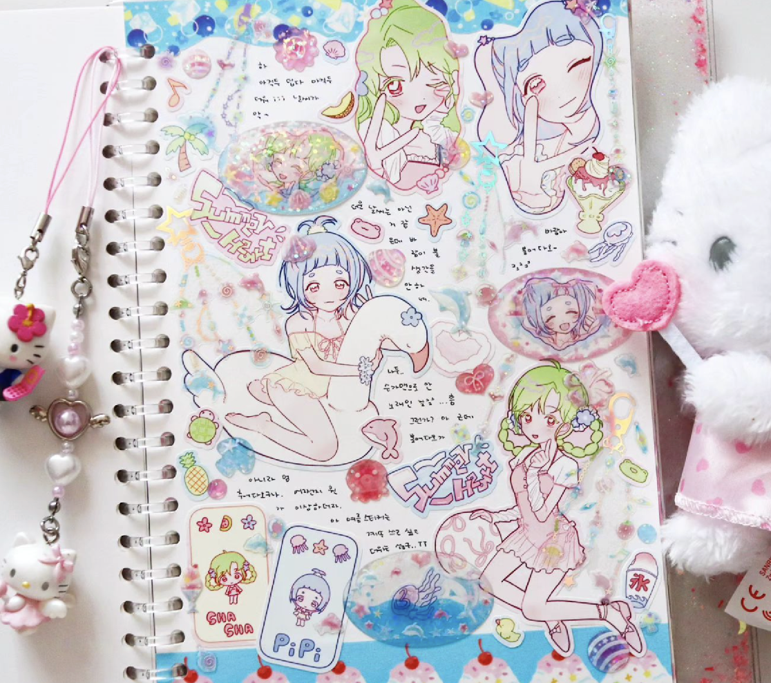 [RC28] NEW Rico Maru 'Summer Heart Pink/Blue' Sticker Sheet (options) -Rico Maru_RC28S1 - Pink (Shasha)_korean_sticker_stationery