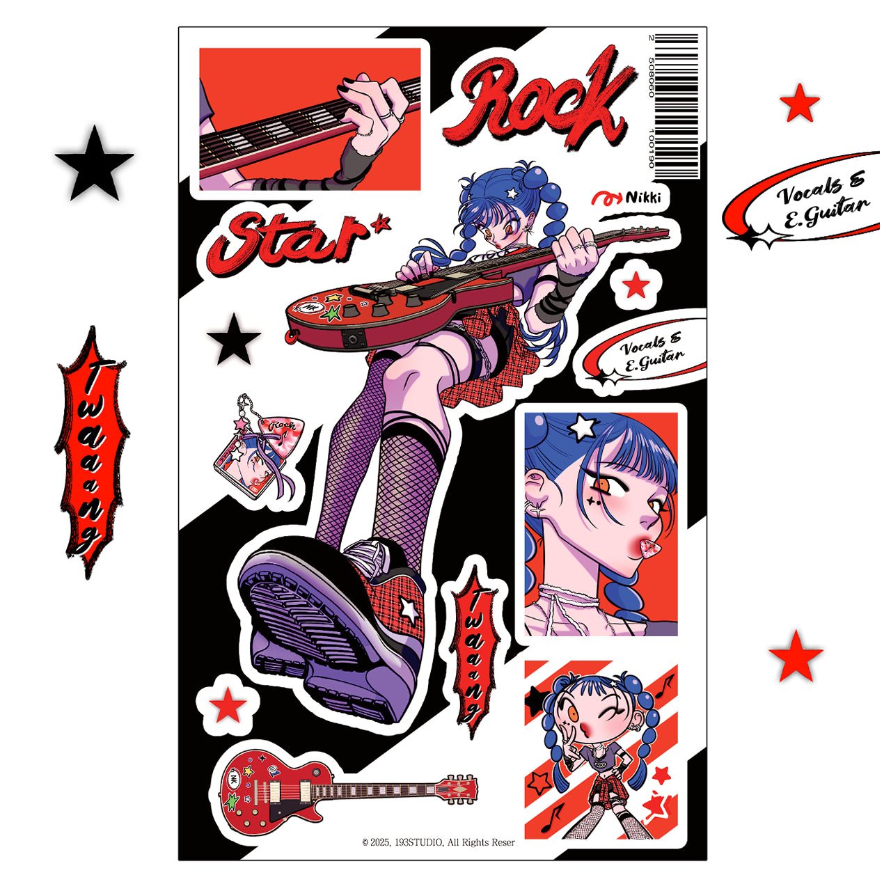 [ST27] NEW Studio 193 'Rockstar' Removable Sticker Sheet (options) - Studio 193_ST27S1 - Guitar (Nikki)_korean_sticker_stationery