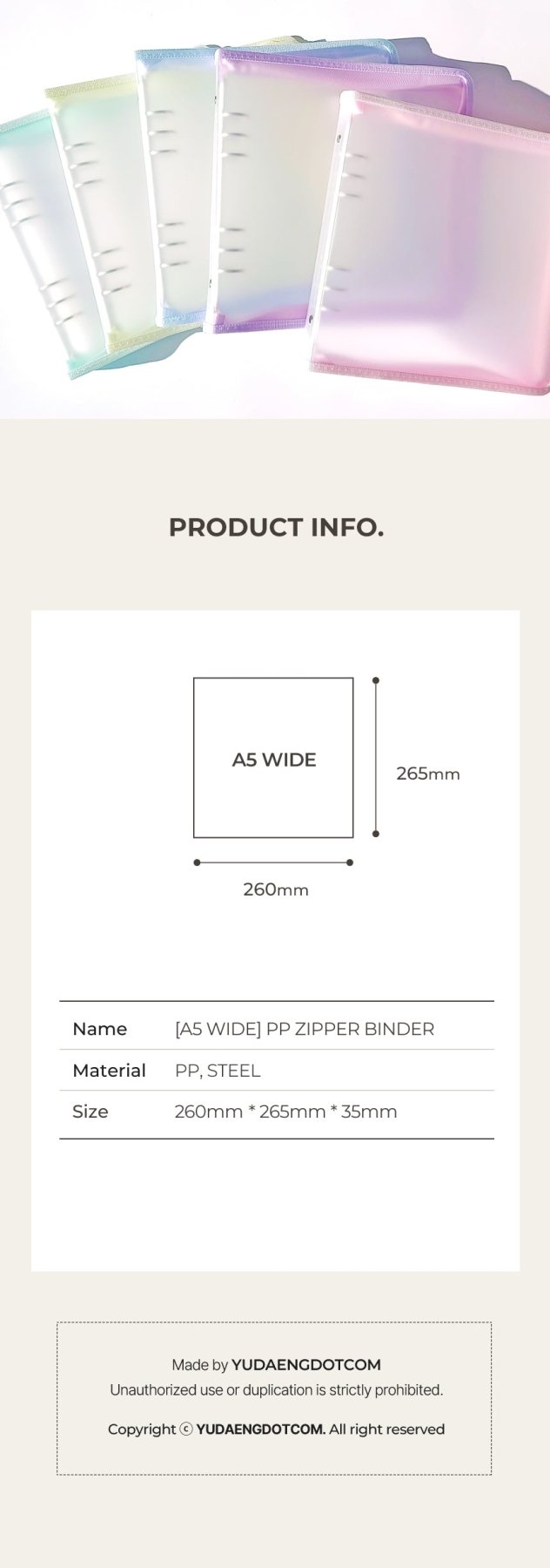 [YD01] Yudaeng A5 Wide 6 Ring Collector Zipper Pastel Binder (options) *LIMIT 2*** - Yudaeng_YD01S5 - Yellow_korean_sticker_stationery