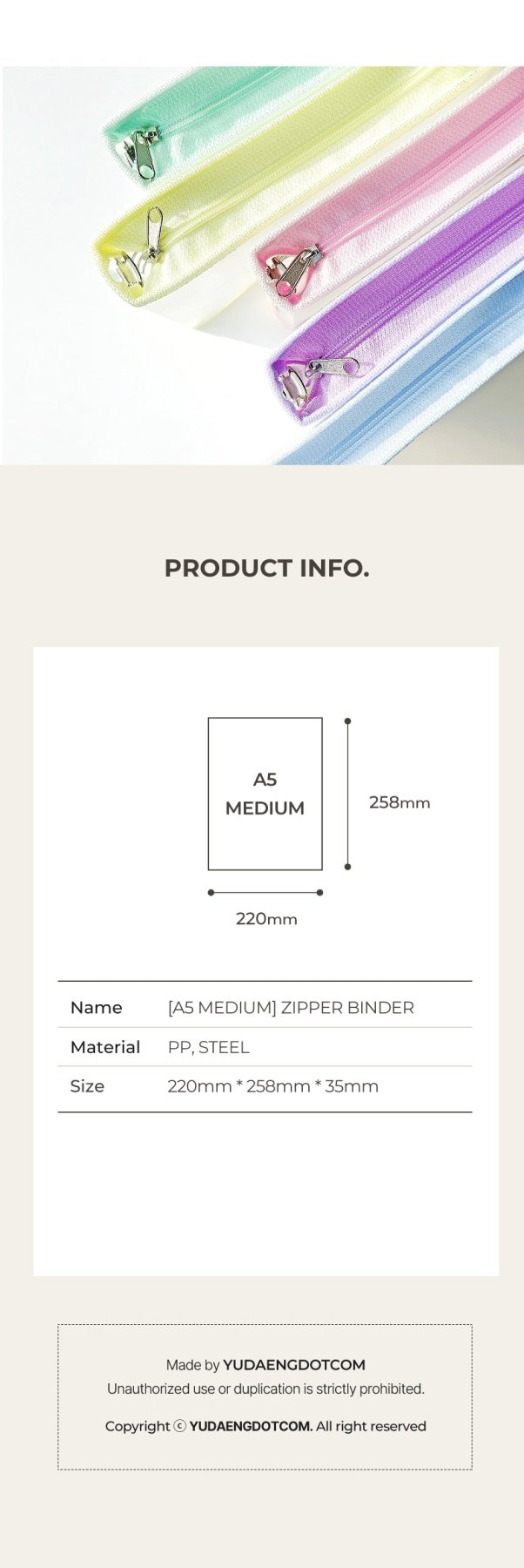 [YD02] Yudaeng A5 Medium 6 Ring Collector Zipper Pastel Binder (options) *LIMIT 2*** - Yudaeng_YD02S1 - Pink_korean_sticker_stationery
