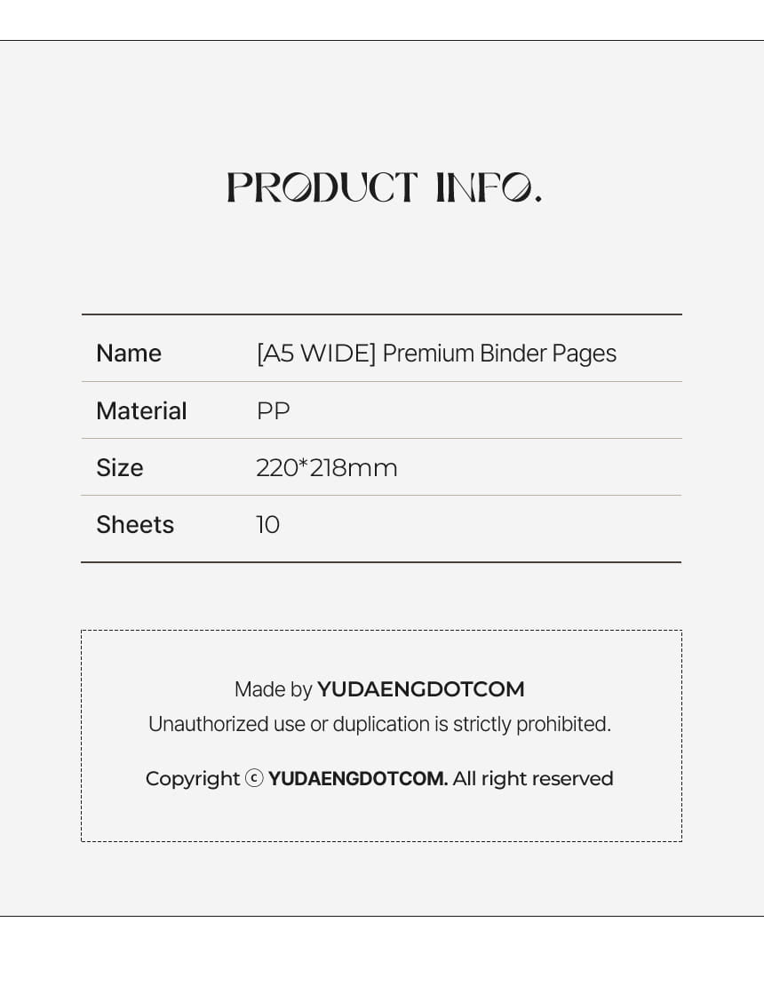 [YD03] Yudaeng A5 Wide 6 Holes Premium Binder Pages (Pack Of 10) (options)*** - Yudaeng_S1 - 1 Pocket_korean_sticker_stationery