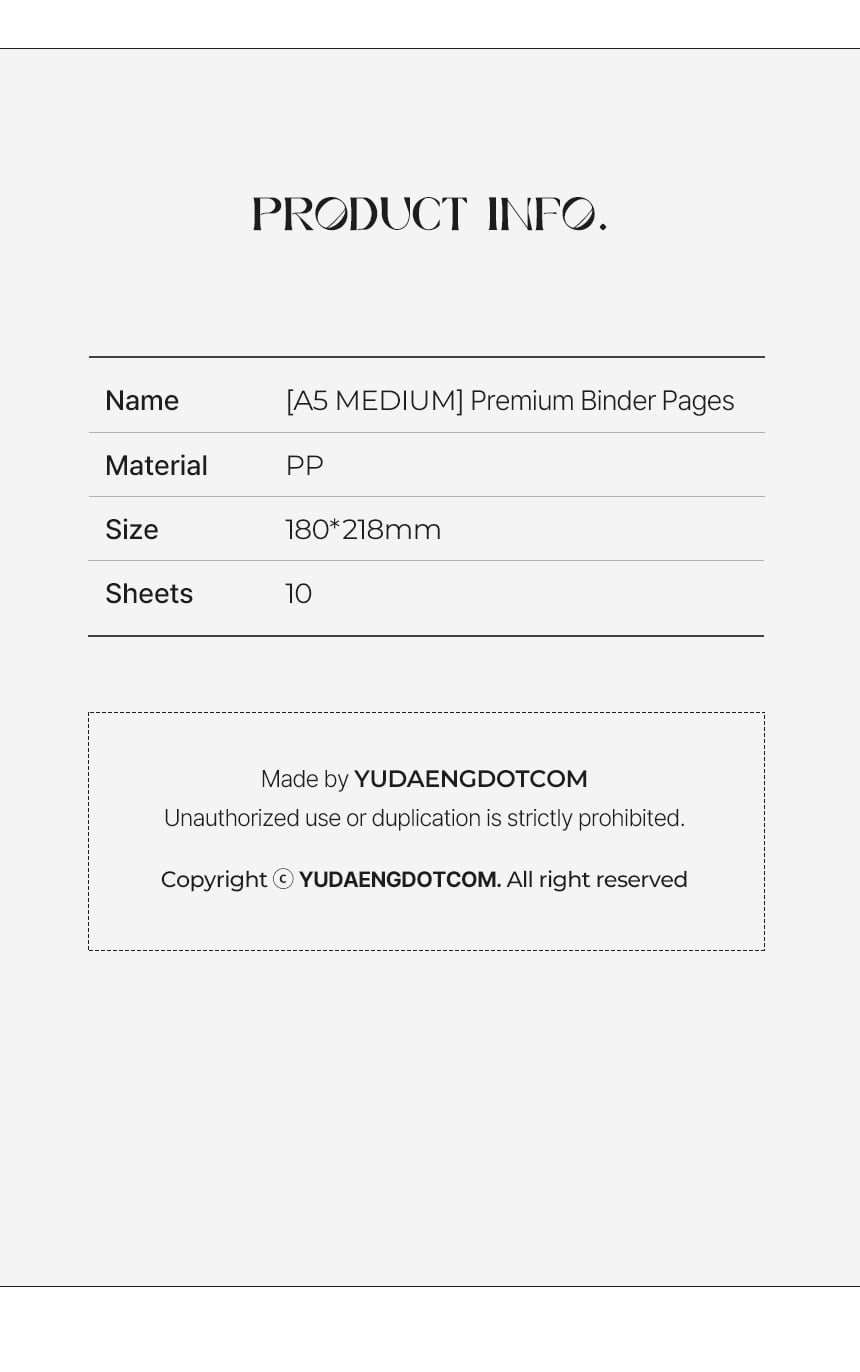[YD04] Yudaeng A5 Medium 6 Holes Premium Binder Pages (Pack Of 10) (options)*** - Yudaeng_S1 - 1 Pocket_korean_sticker_stationery